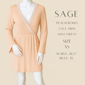 SAGE Peach Boho Lace Trim Mini Dress- Size XS